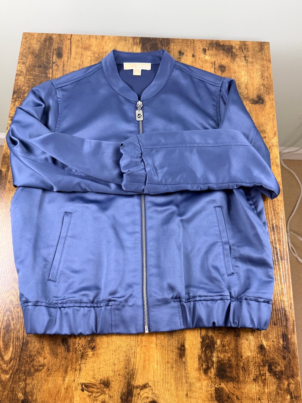 MICHAEL Michael Kors Blue Satin Bomber Jacket Size M Medium Full Zip Lightweight